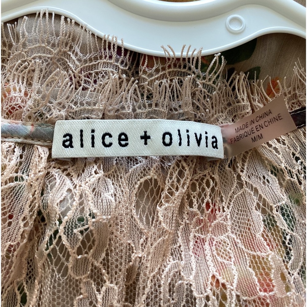 Alice + Olivia Floral Lace Boho Dress M Sheer Long Sleeve Tiered Tassel Mini - Picture 3 of 11